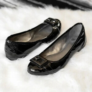 BANDOLINO BLACK BALLET SLIP ON FLATS SZ 9.5 SILVER BUCKLE PATENT LEATHER